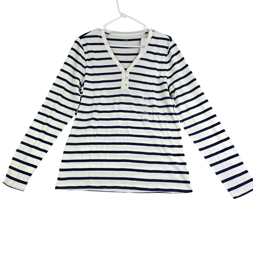 Gap Striped Henley Shirt Women XL White Blue Favorite T Long Sleeve Nautical New